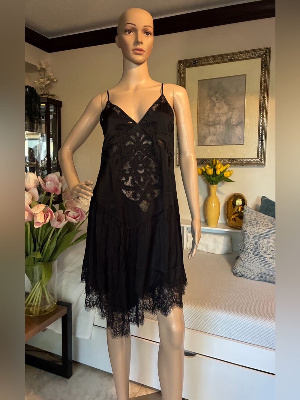 NWT ZARA Black Lace Embroidered Slip Mini Dress - Size M